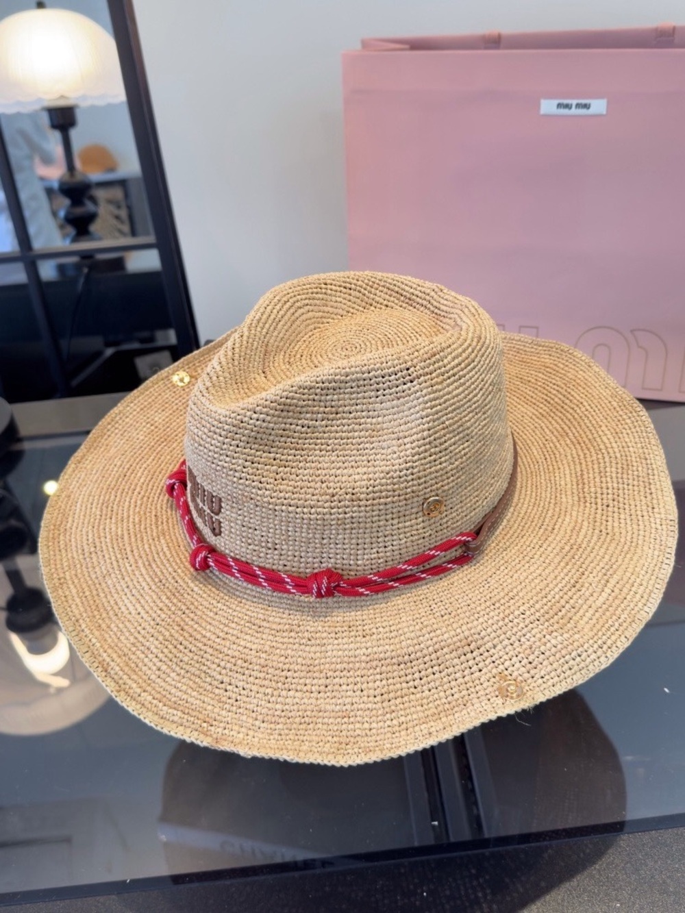 Miu Miu Natural Straw Hat with Red Rope Trim - Picture 2 of 6